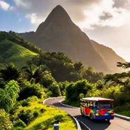Caribbean Holidays, Saint Lucia Instagram, Dramatic viewpoint across Saint Lucia's lush interior, with winding road, rainforest hills and a colourful open-sided sightseeing bus in afternoon sunlight
