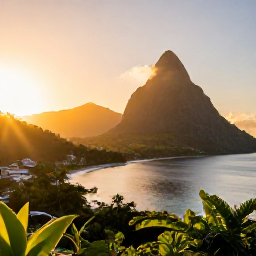 Caribbean Holidays, Saint Lucia Instagram, Golden sunrise over the Pitons and calm Caribbean Sea in Saint Lucia, photographed from a scenic viewpoint