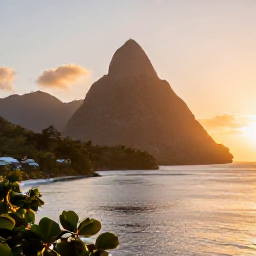 Caribbean Holidays, Saint Lucia Instagram, Golden sunrise over the Pitons in Saint Lucia, viewed from a scenic coastal viewpoint with calm sea and warm December light