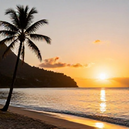 Caribbean Holidays, Saint Lucia Instagram, Golden sunset over a calm Caribbean beach in Saint Lucia, silhouetted palm trees and gentle waves