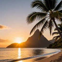 Caribbean Holidays, Saint Lucia Instagram, Golden sunset over a quiet Caribbean beach with palm trees in Saint Lucia