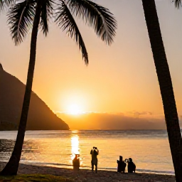 Caribbean Holidays, Saint Lucia Instagram, Golden sunset over the Caribbean Sea viewed from a palm-fringed beach in Saint Lucia, with silhouettes of visitors taking photographs