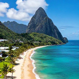 Caribbean Holidays, Saint Lucia Instagram Hotspots, Aerial view of the turquoise Caribbean Sea and golden beach at Sugar Beach between Saint Lucia's Pitons