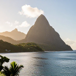 Caribbean Holidays, Saint Lucia Instagram Hotspots, Panoramic view of Saint Lucia's Pitons rising above a calm Caribbean sea in warm September light