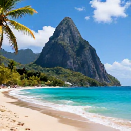 Caribbean Holidays, Saint Lucia Instagram Hotspots, Turquoise Caribbean water and palm-fringed beach at Sugar Beach near the Pitons in Saint Lucia