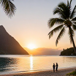 Caribbean Holidays, Saint Lucia Instagram, Palm-fringed beach at sunset in Saint Lucia, with calm Caribbean water and a couple walking along the shore