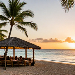 Caribbean Holidays, Saint Lucia Instagram, Palm-fringed beach in Saint Lucia at sunset with calm turquoise sea, golden sand and a relaxed beach bar atmosphere