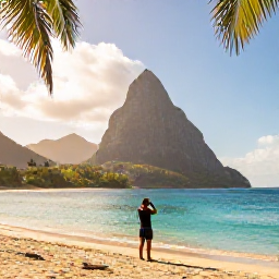 Caribbean Holidays, Saint Lucia Instagram, Palm-fringed Caribbean beach with turquoise water and a person taking photographs at golden hour in Saint Lucia