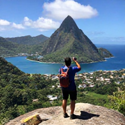Caribbean Holidays, Saint Lucia Instagram, Panoramic view from the summit of the Gros Piton in Saint Lucia, with green mountains, blue sea and a hiker taking a photograph