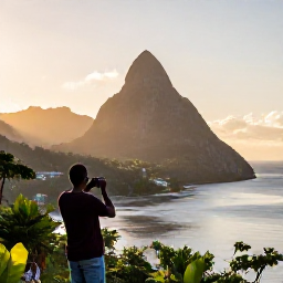 Caribbean Holidays, Saint Lucia Instagram, Sunrise view over the Pitons in Saint Lucia, with calm sea, warm April light and a person taking a photograph from a scenic viewpoint