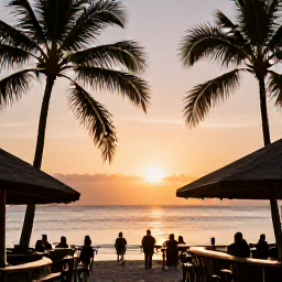 Caribbean Holidays, Saint Lucia Instagram, Sunset over the Caribbean Sea from a stylish beach bar in Saint Lucia, with palm silhouettes and warm evening light