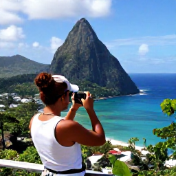 Caribbean Holidays, Saint Lucia Instagram, Traveller taking a photograph from a scenic coastal viewpoint overlooking the Pitons in Saint Lucia