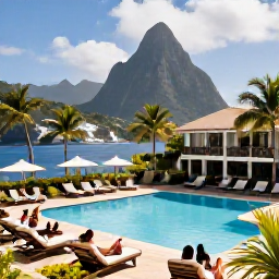 Caribbean Holidays, Saint Lucia January, A stylish all-inclusive resort in Saint Lucia with a swimming pool, sun loungers, tropical gardens and guests enjoying a peaceful January holiday