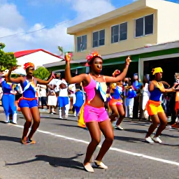 Caribbean Holidays, Saint Lucia January, Colourful Saint Lucian street parade with dancers, musicians and local spectators in January sunshine