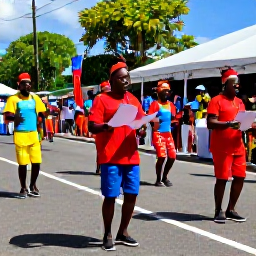 Caribbean Holidays, Saint Lucia January, Colourful Saint Lucian street parade with local musicians, dancers and spectators in bright Caribbean sunshine