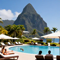 Caribbean Holidays, Saint Lucia January, Elegant all-inclusive resort in Saint Lucia with a swimming pool, sun loungers, tropical gardens, and guests enjoying a January afternoon