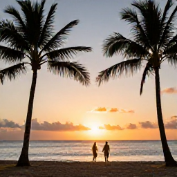Caribbean Holidays, Saint Lucia January, Romantic Saint Lucia sunset over a beach, with silhouettes of palm trees and a couple walking beside the sea