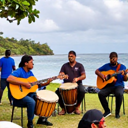 Caribbean Holidays, Saint Lucia January, Saint Lucian musicians playing drums and guitar at an outdoor community gathering beside the sea
