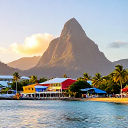 Caribbean Holidays, Saint Lucia January, Sunrise over Castries harbour in Saint Lucia, with colourful buildings, palm trees and clear blue Caribbean water