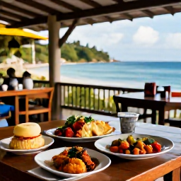 Caribbean Holidays, Saint Lucia January, Traditional Saint Lucian Creole meal served at a relaxed open-air restaurant beside the sea