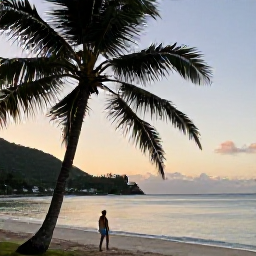 Caribbean Holidays, Saint Lucia January, Traveller enjoying a quiet Saint Lucian beach at sunset with palm trees, calm turquoise water and distant green hills