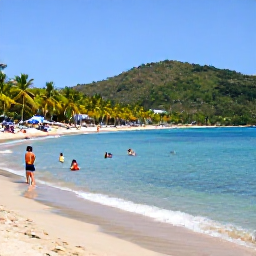 Caribbean Holidays, Saint Lucia January, Visitors swimming and relaxing at Reduit Beach in Saint Lucia, clear blue water, palm-fringed shoreline and the green hills of the island in the distance