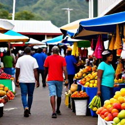 Caribbean Holidays, Saint Lucia January, Visitors walking through a Saint Lucian market filled with tropical fruit, spices, handmade crafts and friendly local traders