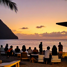 Caribbean Holidays, Saint Lucia January, Warm January sunset over Saint Lucia with visitors enjoying a relaxed cultural evening near the coast