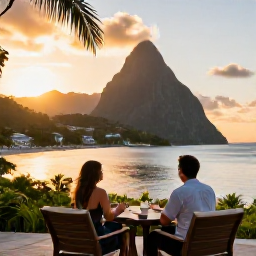 Caribbean Holidays, Saint Lucia July, A couple enjoying a sunset view over the Caribbean from a Saint Lucia resort terrace in July