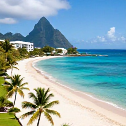 Caribbean Holidays, Saint Lucia July, A panoramic view of a Saint Lucia all-inclusive resort beside a bright Caribbean beach in July, with palm trees and clear turquoise water