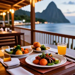 Caribbean Holidays, Saint Lucia July, A Saint Lucian restaurant serving colourful Caribbean food at an all-inclusive resort during a warm July evening
