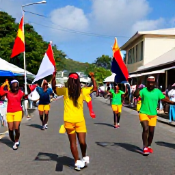 Caribbean Holidays, Saint Lucia July, Colourful Saint Lucian street festival in July with dancers, musicians and flags in Castries