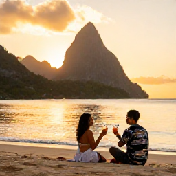 Caribbean Holidays, Saint Lucia July, Couple enjoying a sunset cocktail on a Saint Lucia beach with the Pitons in the distance
