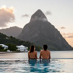 Caribbean Holidays, Saint Lucia July, Couple relaxing beside an infinity pool at an adults-only Saint Lucia resort beneath a soft evening sky