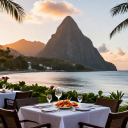 Caribbean Holidays, Saint Lucia July, Elegant adults-only beachfront restaurant in Saint Lucia serving fresh seafood at sunset