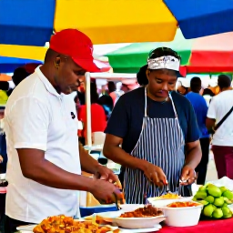 Caribbean Holidays, Saint Lucia July, Friendly Saint Lucian cooks preparing traditional food at a colourful outdoor market in July