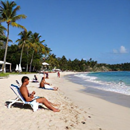 Caribbean Holidays, Saint Lucia July, Guests relaxing on a sandy Saint Lucian beach in July, with sun loungers, gentle waves, tropical vegetation and a welcoming all-inclusive resort