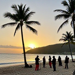 Caribbean Holidays, Saint Lucia July, Relaxed Saint Lucian beach at sunset with palm trees and a small local music gathering