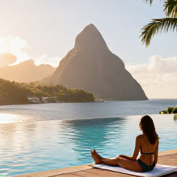 Caribbean Holidays, Saint Lucia June, Adults relaxing beside an infinity pool overlooking the Caribbean Sea in Saint Lucia, warm June sunshine