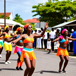 Caribbean Holidays, Saint Lucia June, Colourful Saint Lucian street festival with dancers, musicians and local families in warm June sunshine