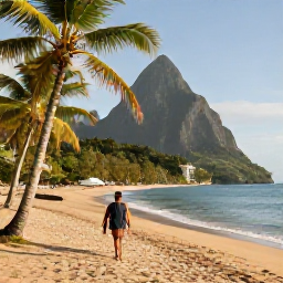 Caribbean Holidays, Saint Lucia June, Couple walking along a quiet palm-fringed beach in Saint Lucia during a warm June afternoon