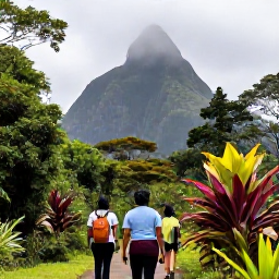 Caribbean Holidays, Saint Lucia June, Hikers walking through lush Saint Lucian rainforest towards the Pitons, with misty mountains and tropical plants surrounding the trail