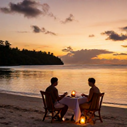 Caribbean Holidays, Saint Lucia June, Romantic sunset dinner for two on a Saint Lucia beach, with lanterns and calm Caribbean water