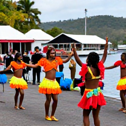 Caribbean Holidays, Saint Lucia June, Saint Lucian dancers performing in colourful costumes beside a village waterfront, with musicians and spectators enjoying a cultural celebration