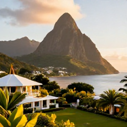 Caribbean Holidays, Saint Lucia Luxury, A luxury hillside resort overlooking the Pitons and Caribbean Sea in Saint Lucia at golden hour