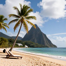 Caribbean Holidays, Saint Lucia Luxury, A quiet luxury beach on Saint Lucia with palm trees, loungers and gentle waves beneath a partly cloudy sky