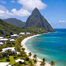 Caribbean Holidays, Saint Lucia Luxury, Aerial view of Saint Lucia's Pitons rising above the turquoise Caribbean Sea, with a luxury resort and lush tropical coastline