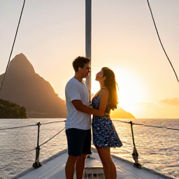 Caribbean Holidays, Saint Lucia Luxury, Couple enjoying a private sunset sail along Saint Lucia&rsquo;s west coast, with the Pitons in the background