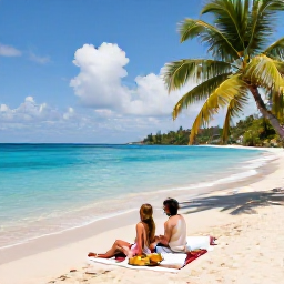 Caribbean Holidays, Saint Lucia Luxury, Couple relaxing on a private Saint Lucia beach beside clear turquoise water, with a luxury picnic and palm trees