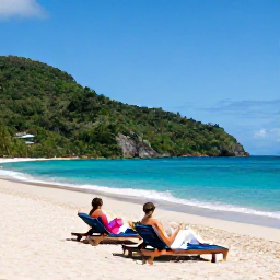 Caribbean Holidays, Saint Lucia Luxury, Couple relaxing on a quiet Saint Lucia beach in November, with luxury resort loungers, turquoise sea and lush green hills